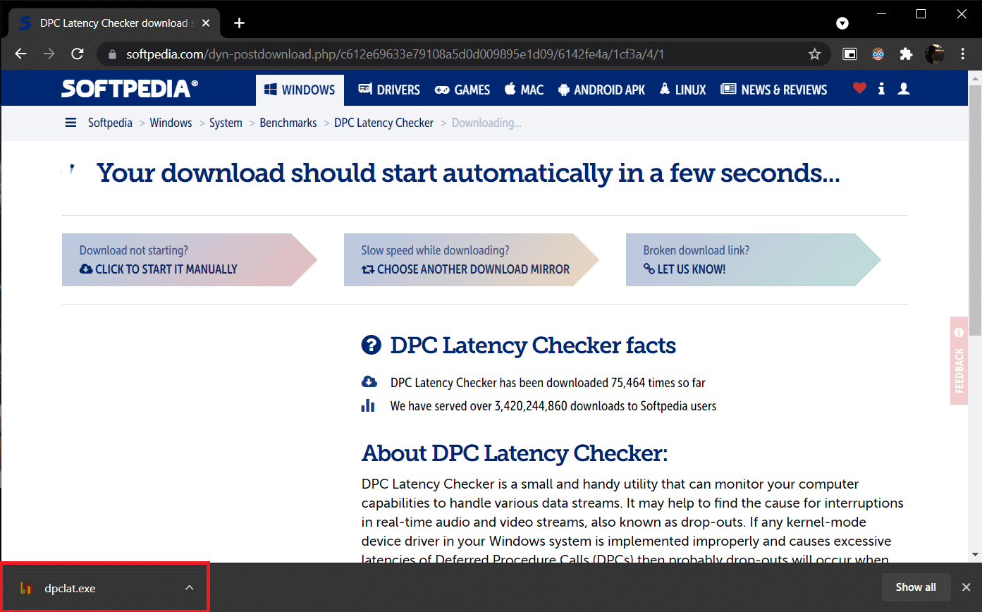 Trang tải xuống DPC Latency Checker 1.4.0 trong Softpedia.  Tệp Exe được tải xuống.