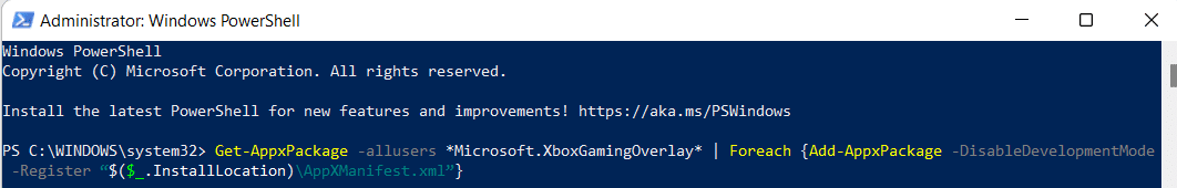 cài đặt lại xboxgamingoverlay cho tất cả người dùng từ Windows PowerShell