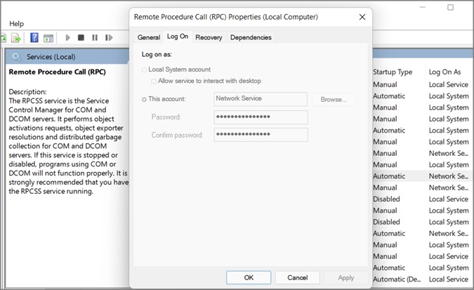Cửa sổ bật lên dịch vụ RPC trong windows 11