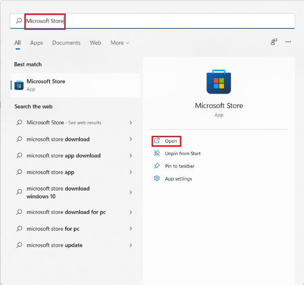 Kết quả tìm kiếm trên menu Start cho Microsoft Store